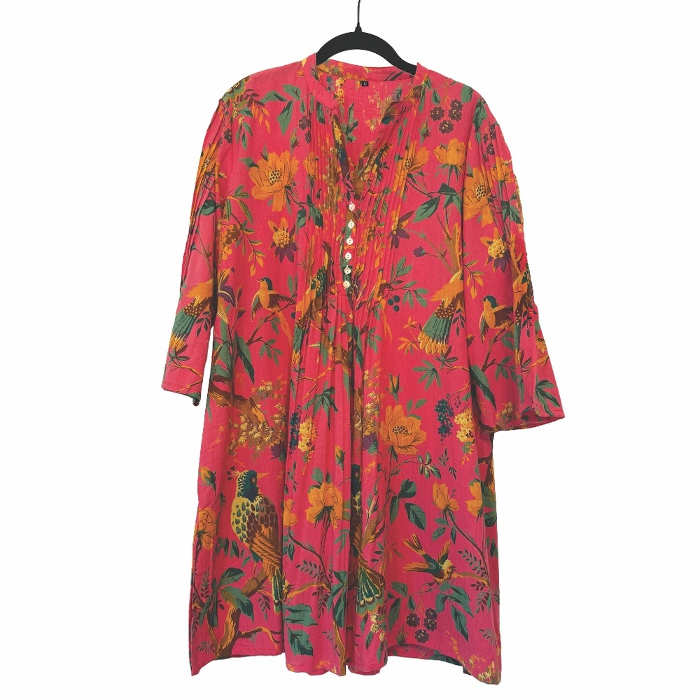 Boho Tropical Bird Floral Caftan Dress Pink Orange Festival Tunic M/L